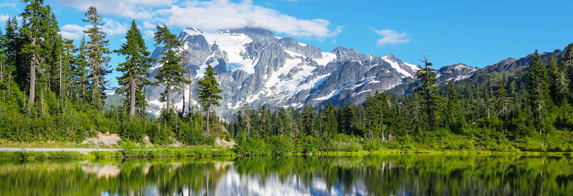 Snowy mountain and forest lake