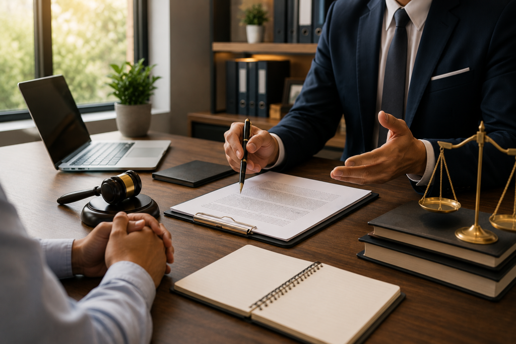 Lawyer consulting client professionally