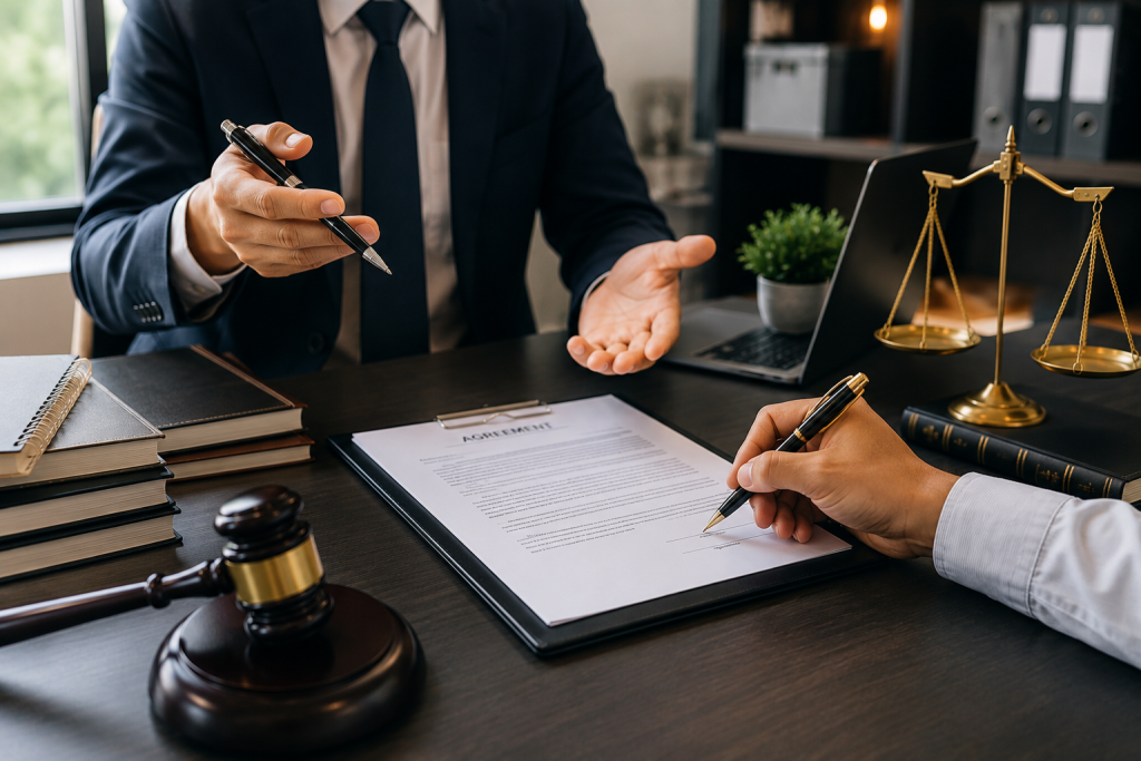 Legal contract signing meeting